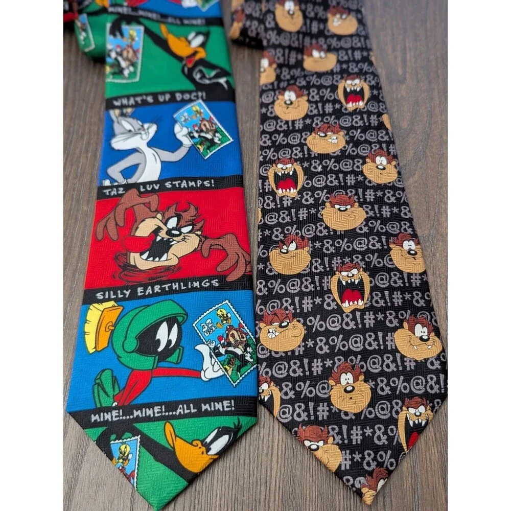 VTG Looney Toons Neck Ties Bugs Bunny Taz Daffy Duck Marvin Martian LOT OF 2